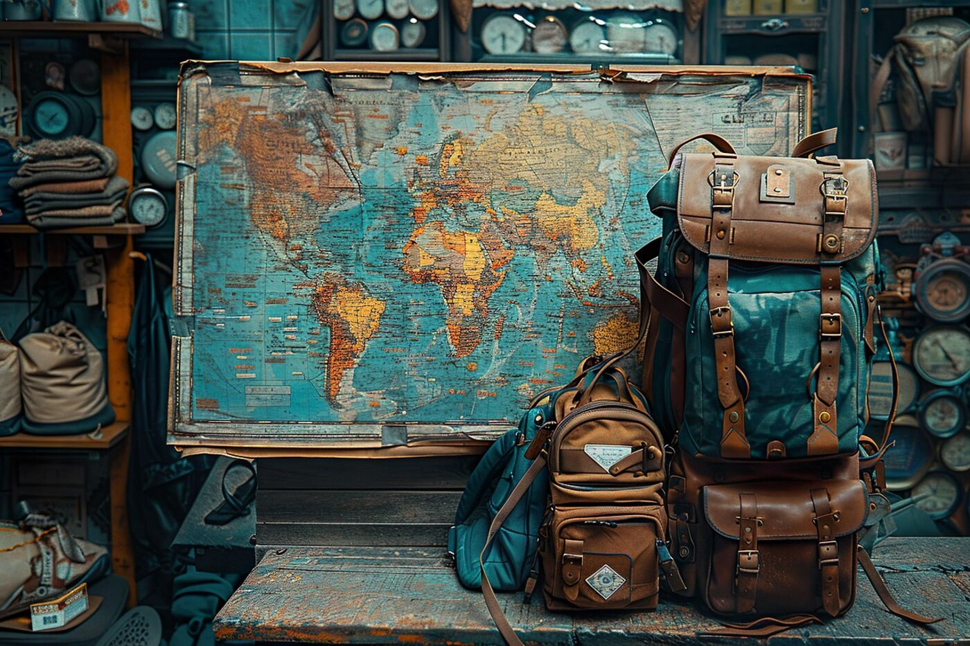 Carte du monde et sacs de voyage — l'esprit nomade